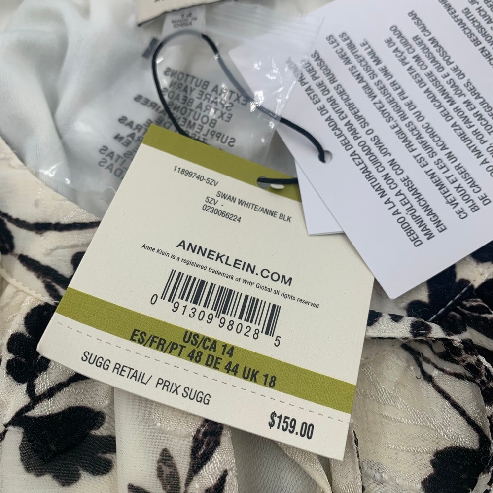 Anne Klein Dress 14 NWT Tiered Midi Maxi Cream Black Floral Bird Print Boho LS - Picture 5 of 16
